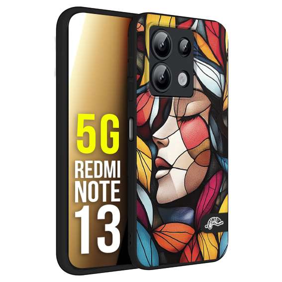 CUSTOMIZZA - Custodia cover nera morbida in tpu compatibile per Xiaomi Redmi Note 13 5G Vetrata artistica volto di donna profilo fogliare mosaico di vetro colorato