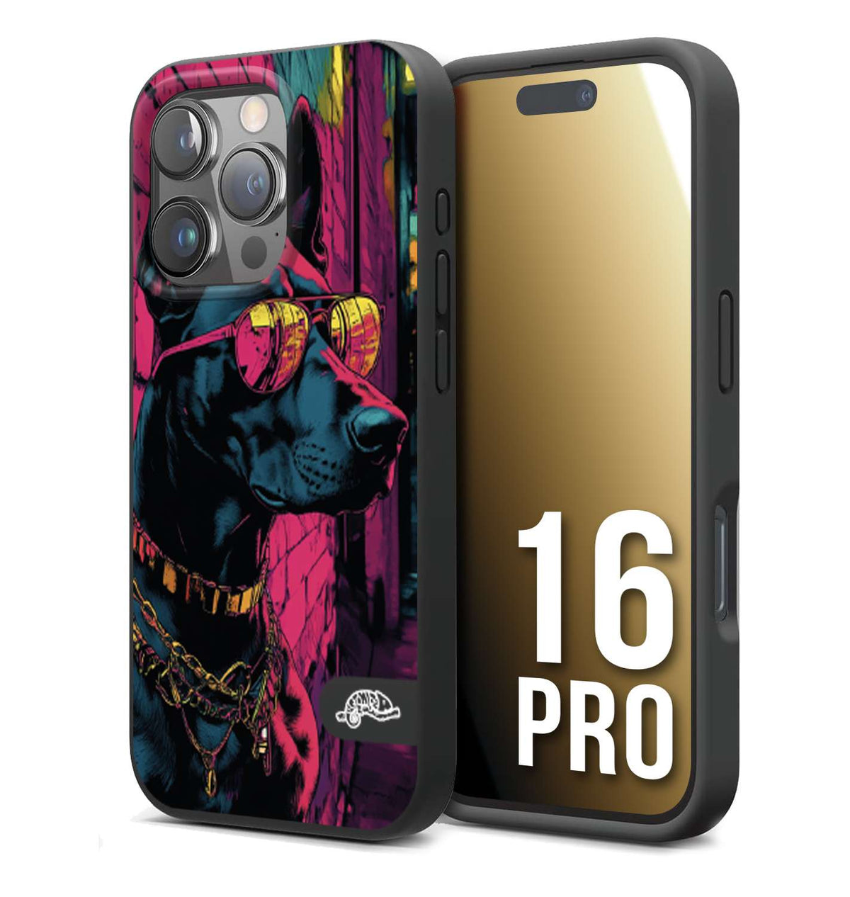 CUSTOMIZZA - Custodia cover nera morbida in tpu compatibile per iPhone 16 PRO animali cyberpunk dobermann cane street dog fucsia blu