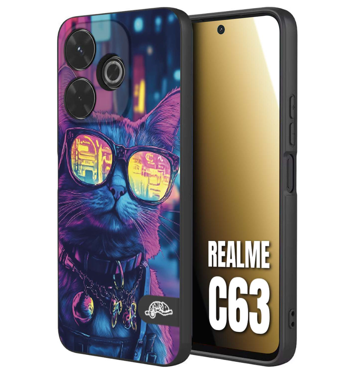 CUSTOMIZZA - Custodia cover nera morbida in tpu compatibile per Realme C63 animali cyberpunk gatto street cat fucsia blu giallo