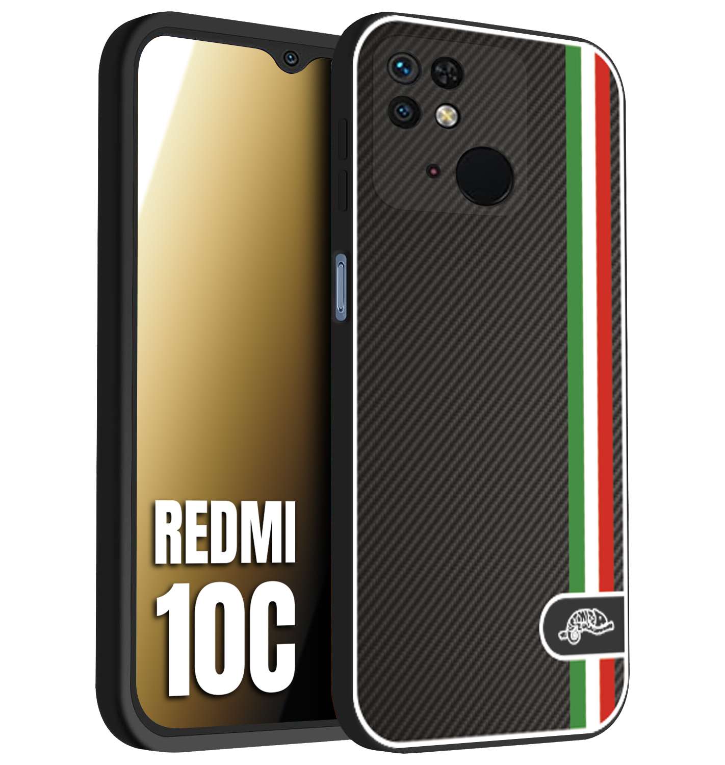 CUSTOMIZZA - Custodia cover nera morbida in tpu compatibile per Xiaomi Redmi 10C effetto fibra di carbonio bandiera Italia made in Italy