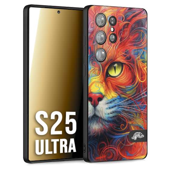 CUSTOMIZZA - Custodia cover nera morbida in tpu compatibile per Samsung S25 ULTRA animali color cat gatto viso colori vibranti disegnato schizzo