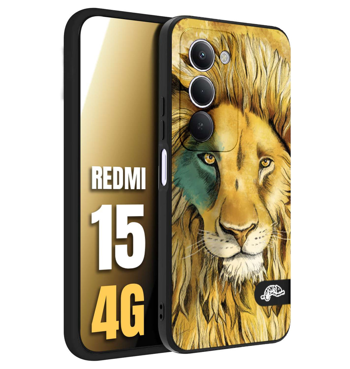 CUSTOMIZZA - Custodia cover nera morbida in tpu compatibile per Xiaomi Redmi 15 4G leone lion disegnato a mano giallo blu a rilievo artistico brown