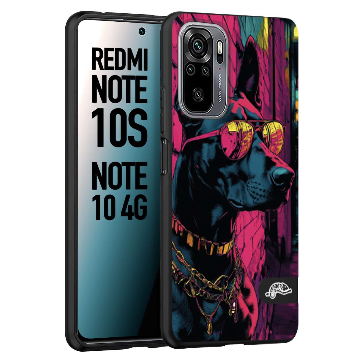 CUSTOMIZZA - Custodia cover nera morbida in tpu compatibile per Xiaomi Redmi Note 10S animali cyberpunk dobermann cane street dog fucsia blu