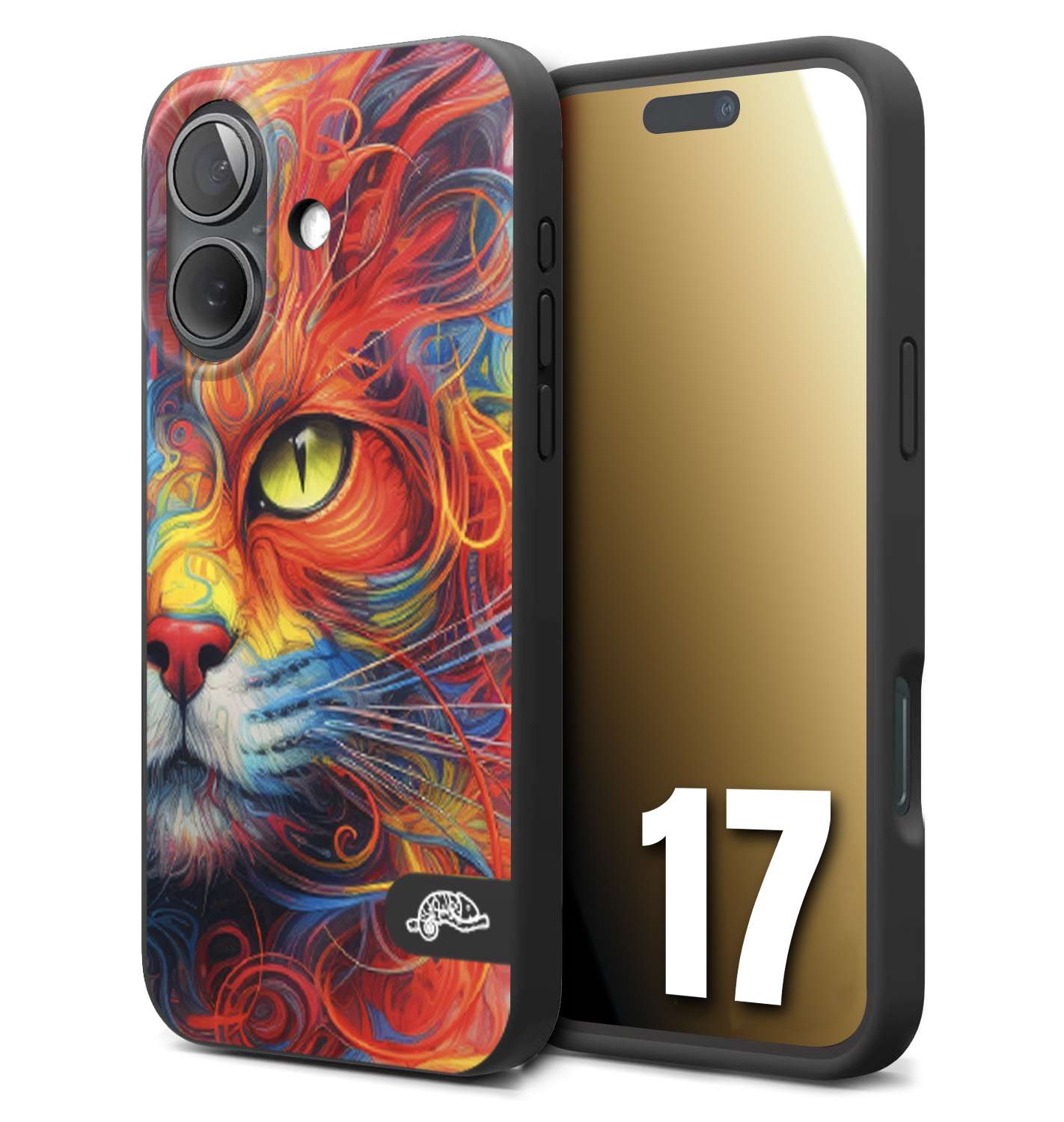 CUSTOMIZZA - Custodia cover nera morbida in tpu compatibile per iPhone 17 animali color cat gatto viso colori vibranti disegnato schizzo