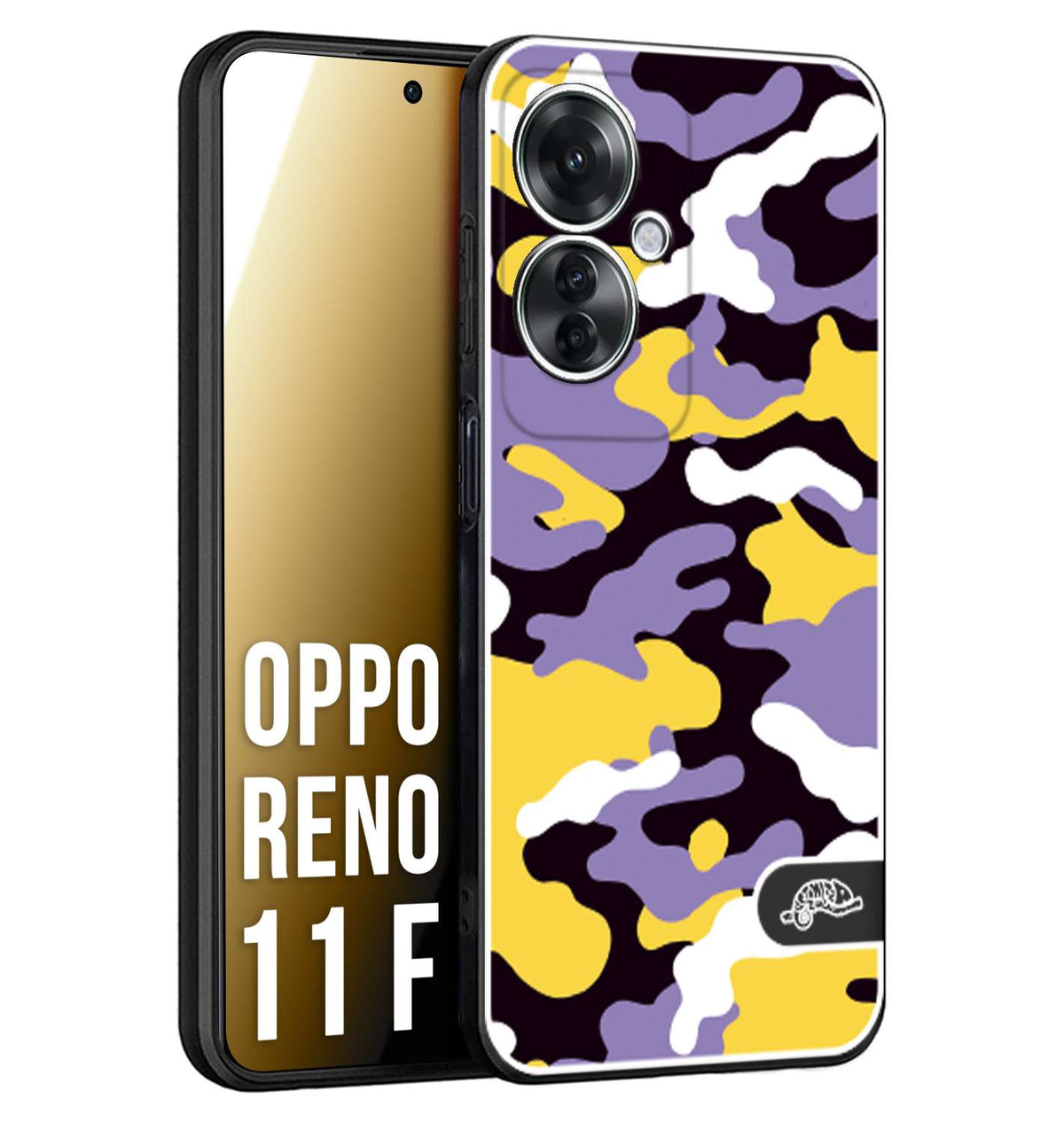 CUSTOMIZZA - Custodia cover nera morbida in tpu compatibile per Oppo Reno 11 F 5G camouflage mimetico militare viola lilla giallo