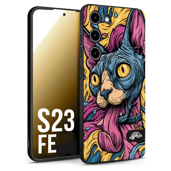 CUSTOMIZZA - Custodia cover nera morbida in tpu compatibile per Samsung S23 FE Sphynx Colorato Pop Art Psichedelico Gatto Blu Rosa Giallo Artistica Fantasy
