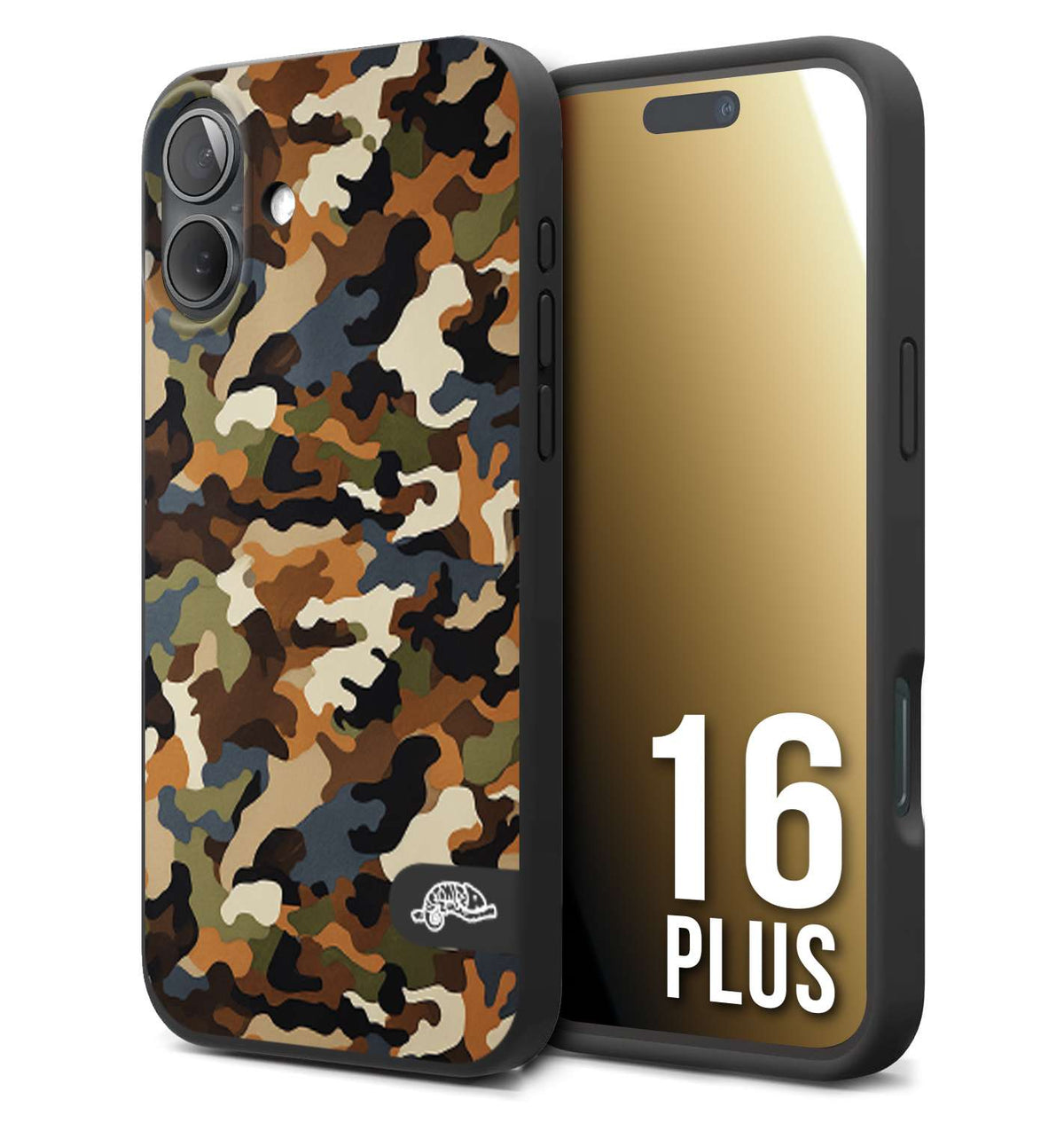 CUSTOMIZZA - Custodia cover nera morbida in tpu compatibile per iPhone 16 PLUS camouflage mimetico militare moderno blu marrone beige