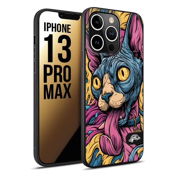 CUSTOMIZZA - Custodia cover nera morbida in tpu compatibile per iPhone 13 PRO MAX Sphynx Colorato Pop Art Psichedelico Gatto Blu Rosa Giallo Artistica Fantasy