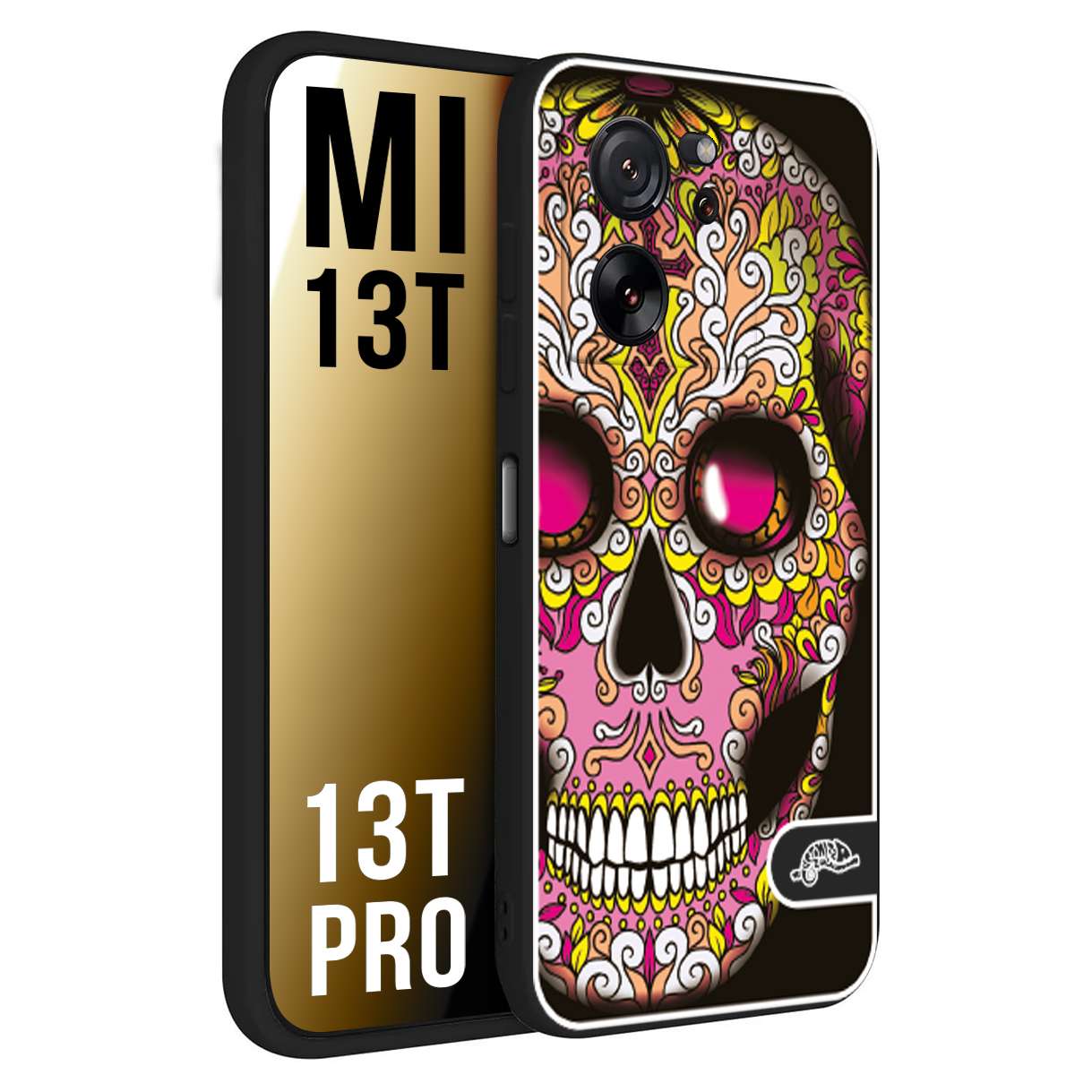 CUSTOMIZZA - Custodia cover nera morbida in tpu compatibile per Xiaomi 13T - 13T PRO teschio messicano Mexican skull rosa gialla