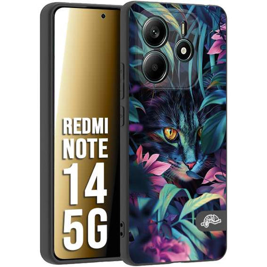 CUSTOMIZZA - Custodia cover nera morbida in tpu compatibile per Xiaomi Redmi Note 14 5G animali color giungla tropicale occhio di gatto colori vibranti disegnato