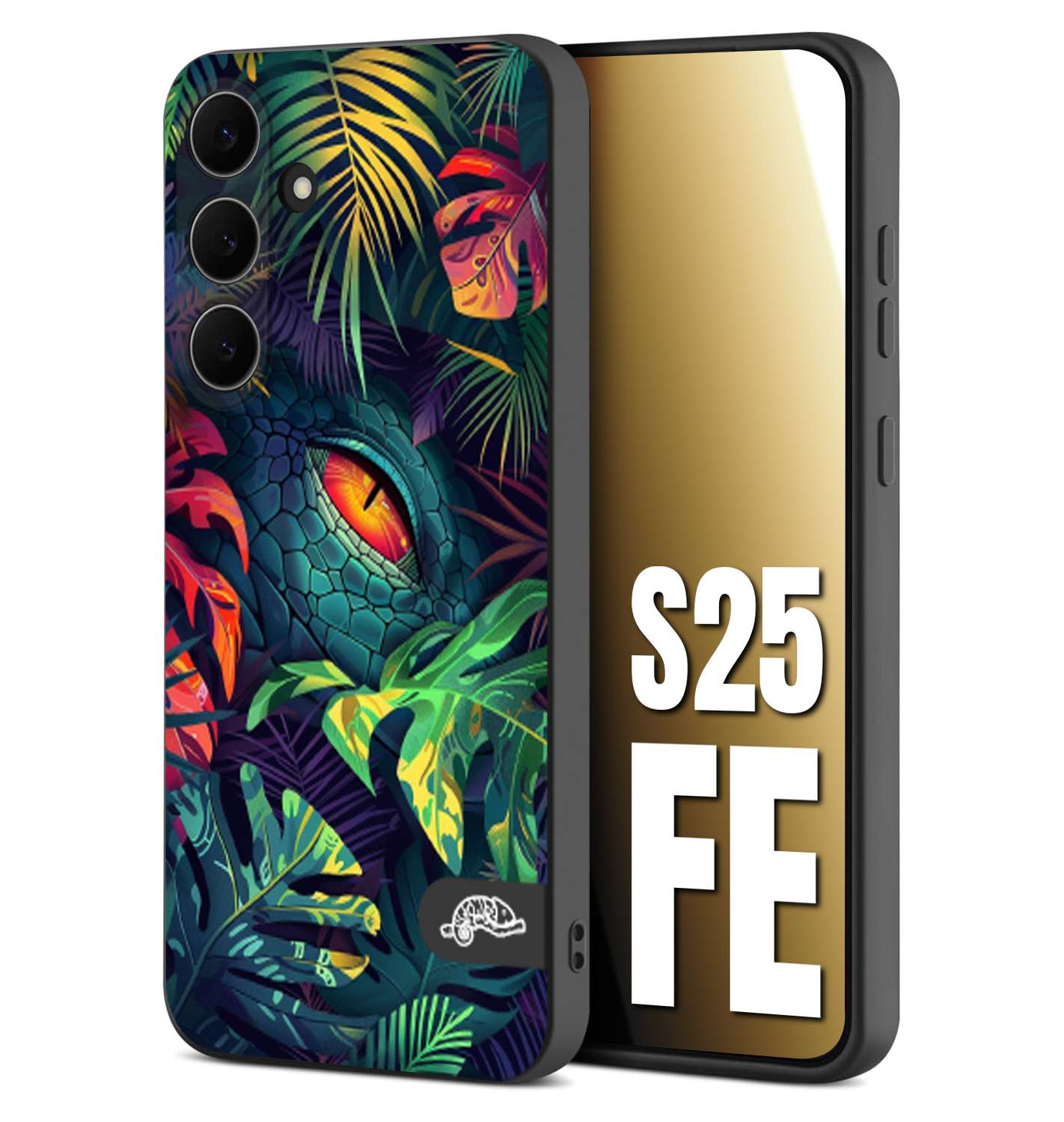 CUSTOMIZZA - Custodia cover nera morbida in tpu compatibile per Samsung S25 FE animali color giungla tropicale occhio di coccodrillo alligatore disegnato