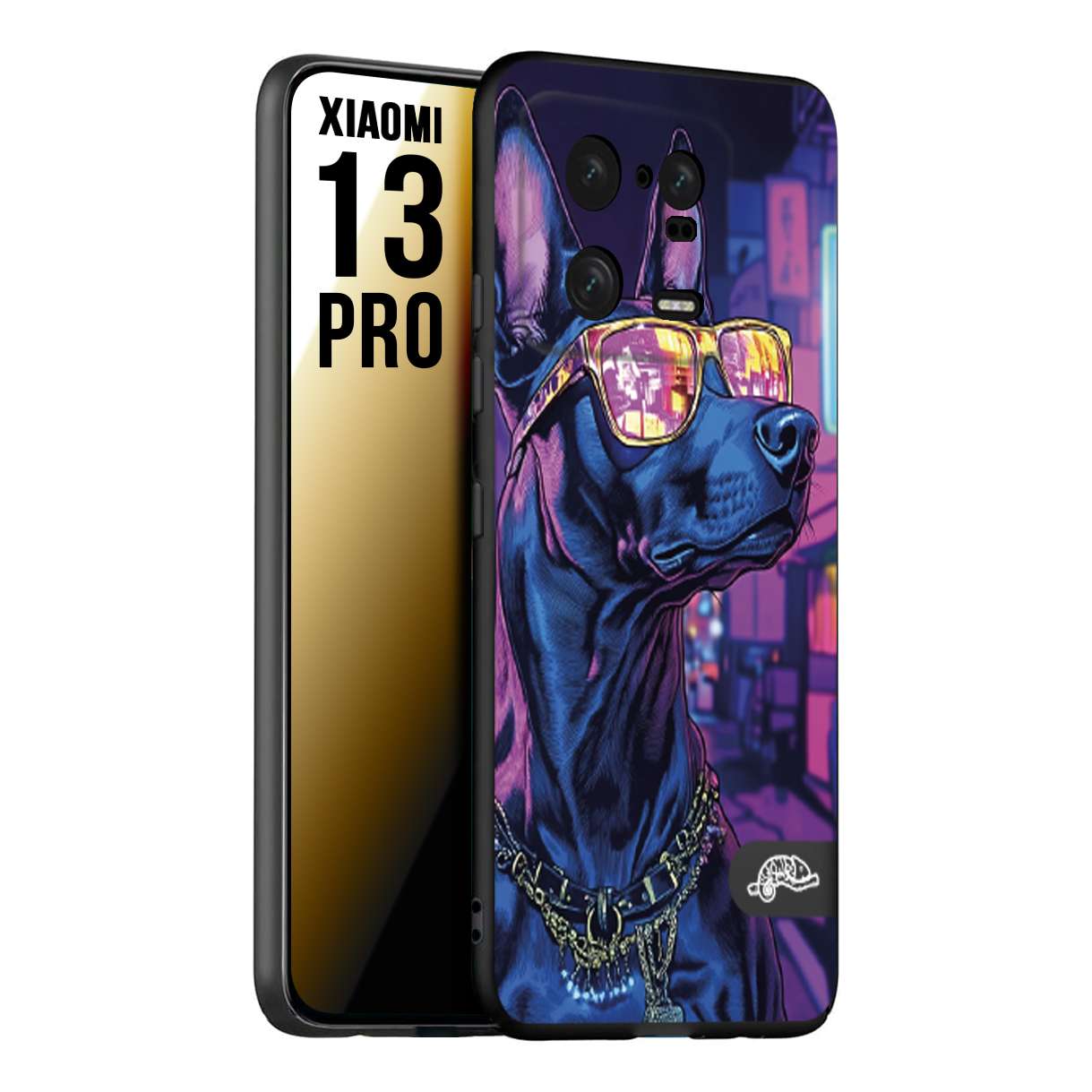CUSTOMIZZA - Custodia cover nera morbida in tpu compatibile per Xiaomi 13 PRO animali cyberpunk dobermann cane street dog fucsia blu night