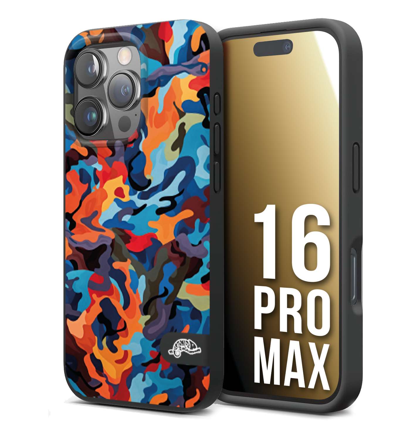 CUSTOMIZZA - Custodia cover nera morbida in tpu compatibile per iPhone 16 PRO MAX camouflage mimetico militare moderno blu arancio rosso