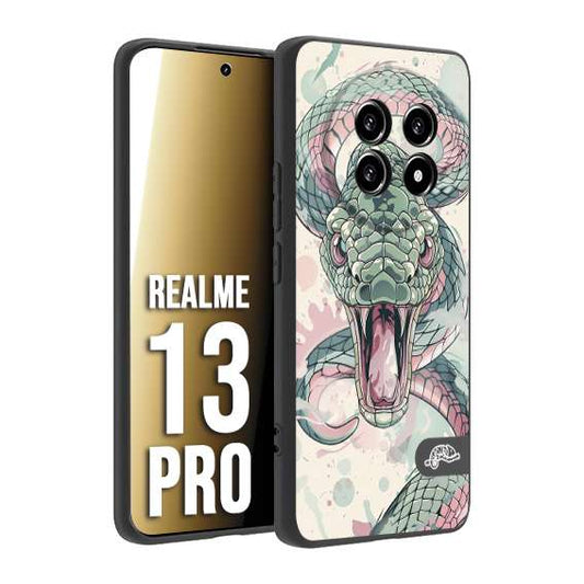 CUSTOMIZZA - Custodia cover nera morbida in tpu compatibile per Realme 13 PRO snake pink green serpente tatuaggio tattoo disegnato a mano