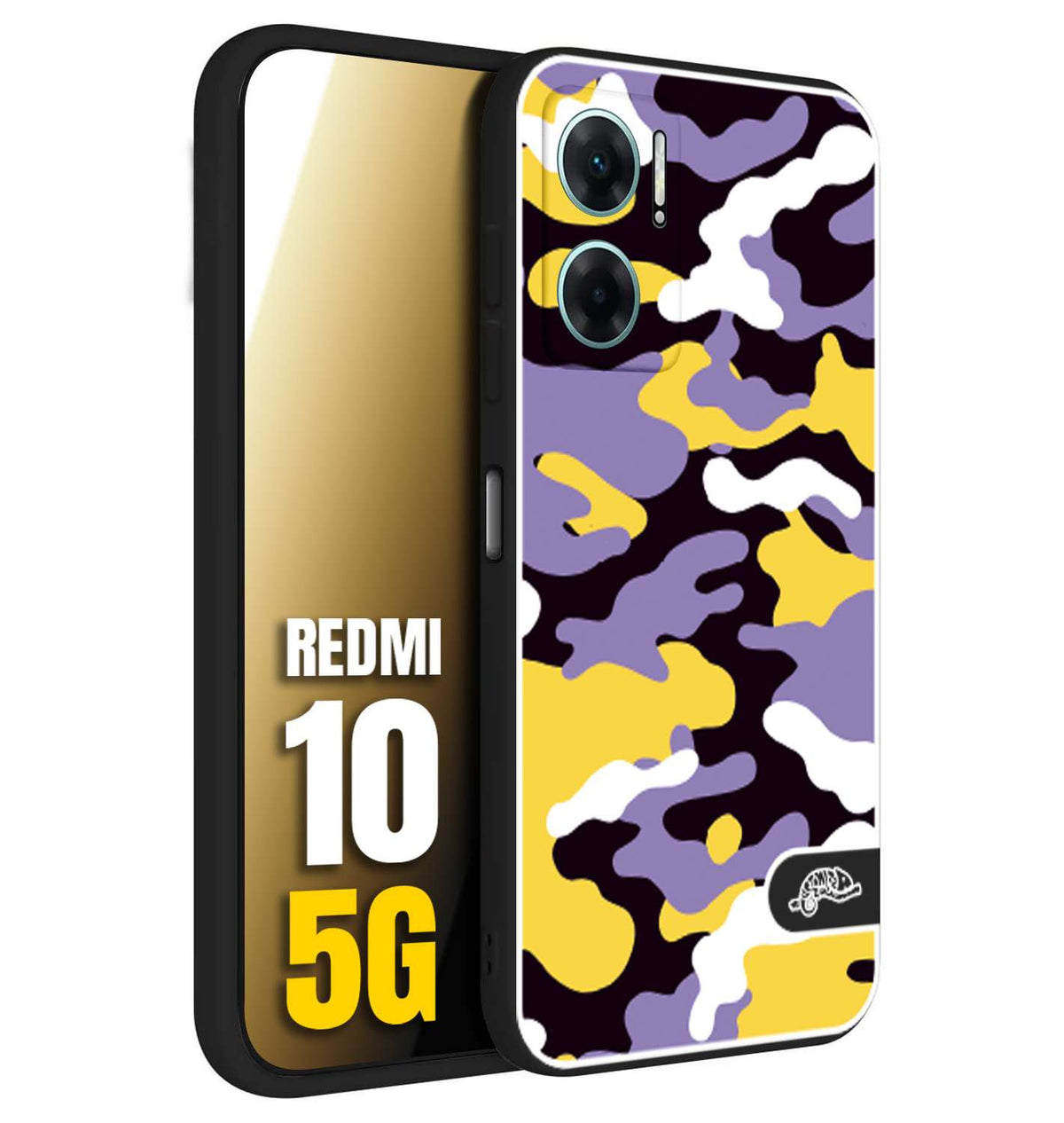 CUSTOMIZZA - Custodia cover nera morbida in tpu compatibile per Xiaomi Redmi 10 5G camouflage mimetico militare viola lilla giallo