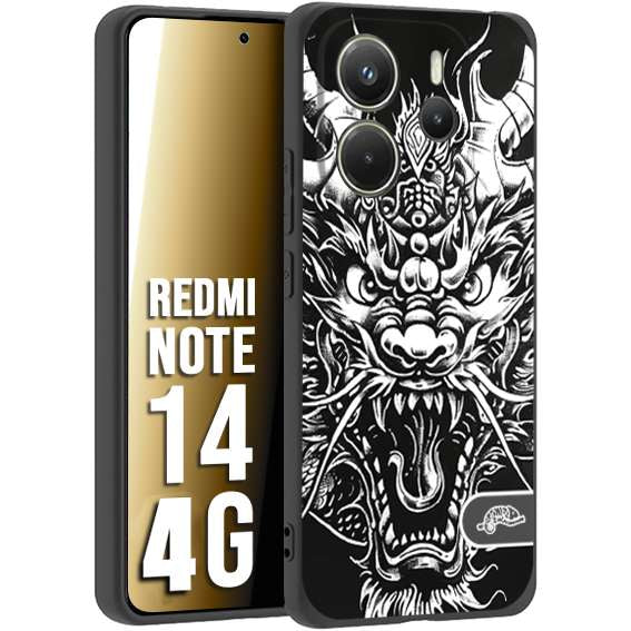 CUSTOMIZZA - Custodia cover nera morbida in tpu compatibile per Xiaomi Redmi Note 14 4G drago black and white bianco a rilievo disegnato tattoo tatuaggio