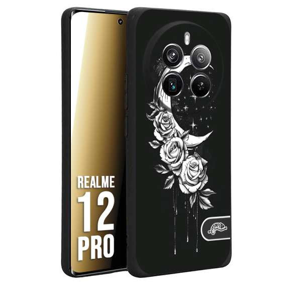 CUSTOMIZZA - Custodia cover nera morbida in tpu compatibile per Realme 12 PRO luna e fiori moon flowers black and white bianco a rilievo disegnato