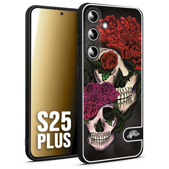 CUSTOMIZZA - Custodia cover nera morbida in tpu compatibile per Samsung S25 PLUS teschi e rose rosse fucsia skull and roses
