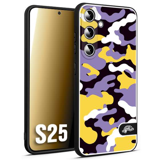 CUSTOMIZZA - Custodia cover nera morbida in tpu compatibile per Samsung S25 camouflage mimetico militare viola lilla giallo