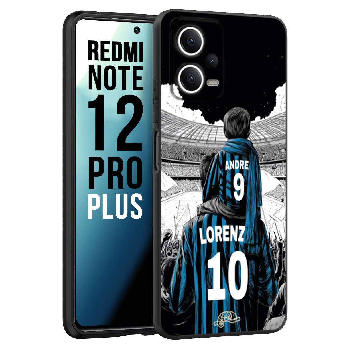 CUSTOMIZZA - Custodia cover nera morbida in tpu compatibile per Xiaomi Redmi Note 12 PRO PLUS personalizzata calcio football padre e figlio calciatori nerazzurra