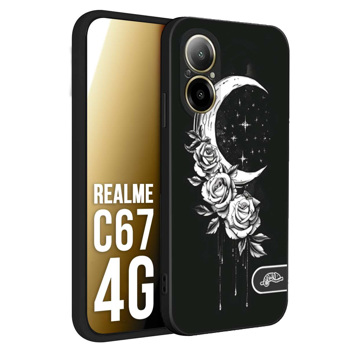 CUSTOMIZZA - Custodia cover nera morbida in tpu compatibile per Realme C67 4G luna e fiori moon flowers black and white bianco a rilievo disegnato