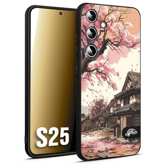 CUSTOMIZZA - Custodia cover nera morbida in tpu compatibile per Samsung S25 casa giapponese rosa ciliegio in fiore disegnata tattoo