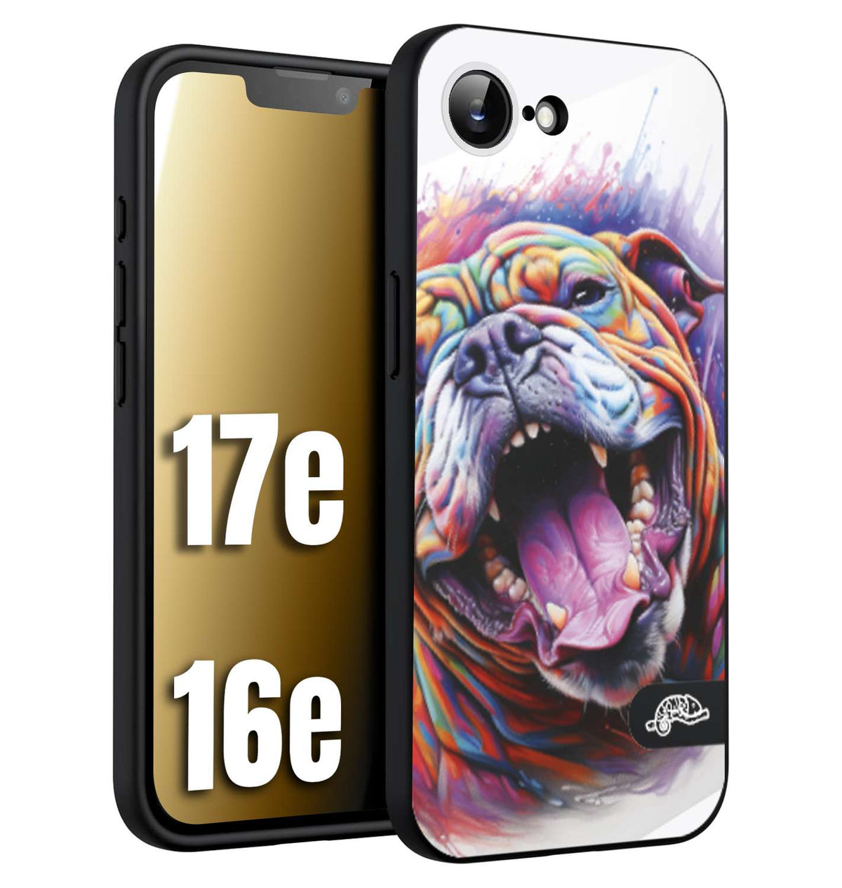 CUSTOMIZZA - Custodia cover nera morbida in tpu compatibile per iPhone 16E - 17E animali color bulldog cane dog colori vibranti disegnato schizzo