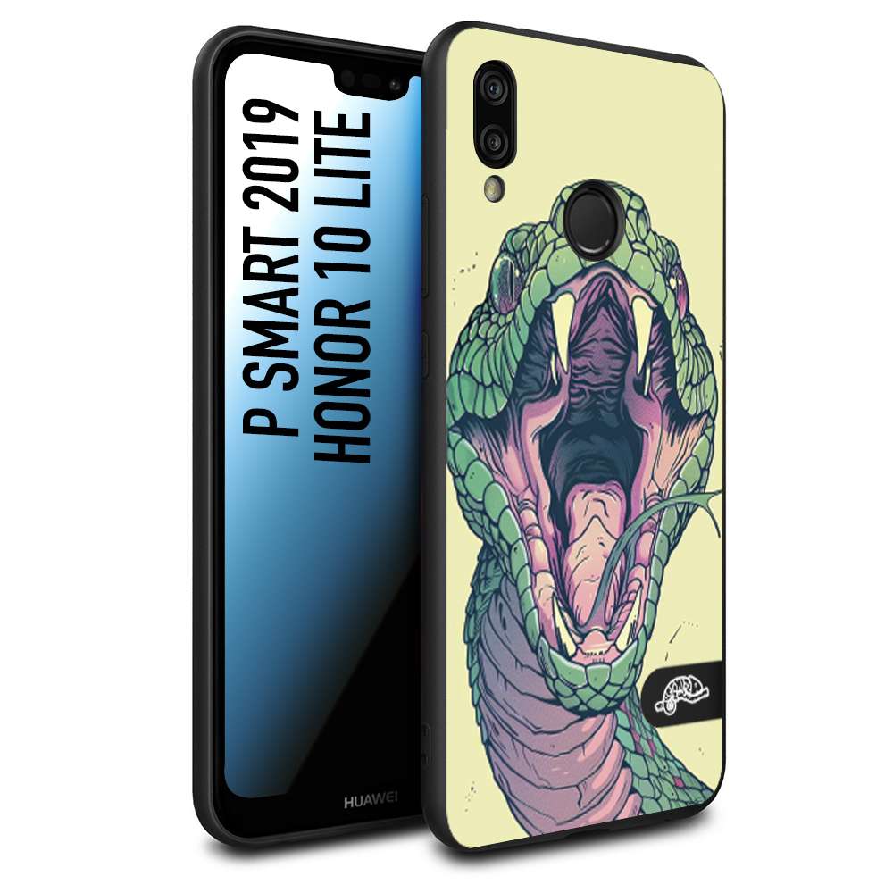 CUSTOMIZZA - Custodia cover nera morbida in tpu compatibile per Huawei P Smart 2019 snake yellow green serpente tatuaggio tattoo disegnato a mano