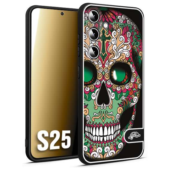 CUSTOMIZZA - Custodia cover nera morbida in tpu compatibile per Samsung S25 teschio messicano Mexican skull verde fucsia