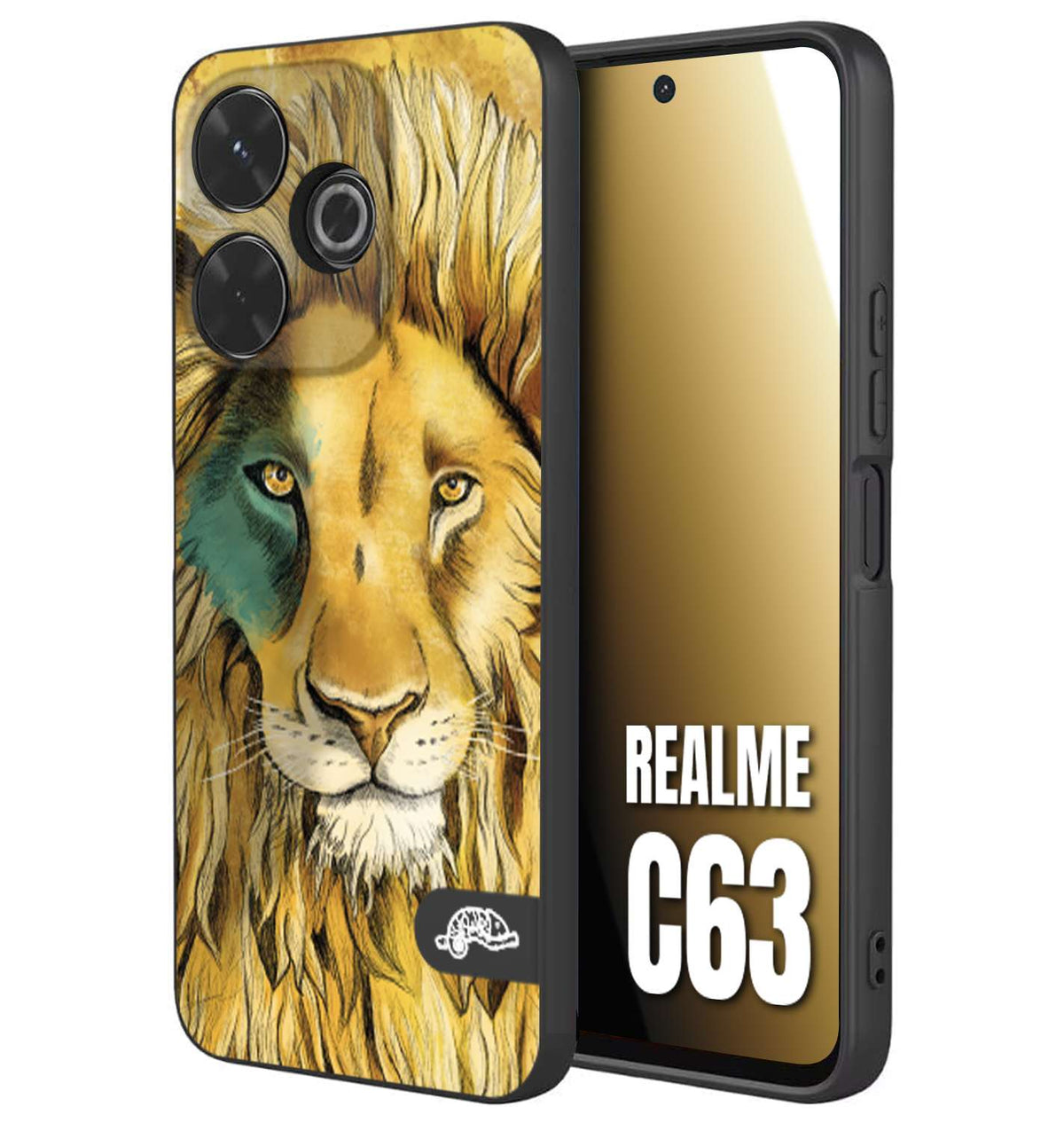 CUSTOMIZZA - Custodia cover nera morbida in tpu compatibile per Realme C63 leone lion disegnato a mano giallo blu a rilievo artistico brown