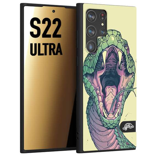 CUSTOMIZZA - Custodia cover nera morbida in tpu compatibile per Samsung S22 ULTRA snake yellow green serpente tatuaggio tattoo disegnato a mano