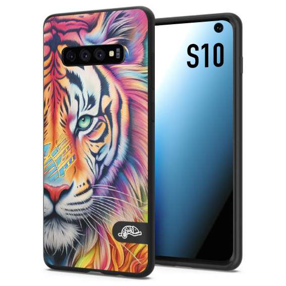 CUSTOMIZZA - Custodia cover nera morbida in tpu compatibile per Samsung S10 animali color tigre tiger viso colori vibranti disegnato schizzo