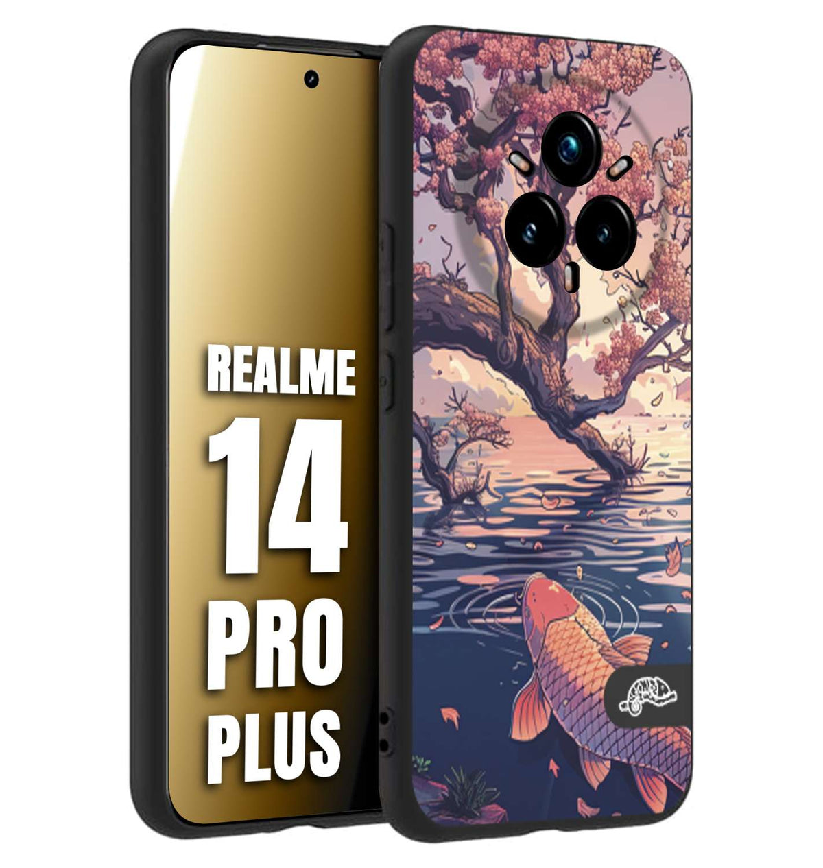 CUSTOMIZZA - Custodia cover nera morbida in tpu compatibile per Realme 14 PRO PLUS giapponese lago carpa koi rosa con foglie d'acero disegnata tattoo