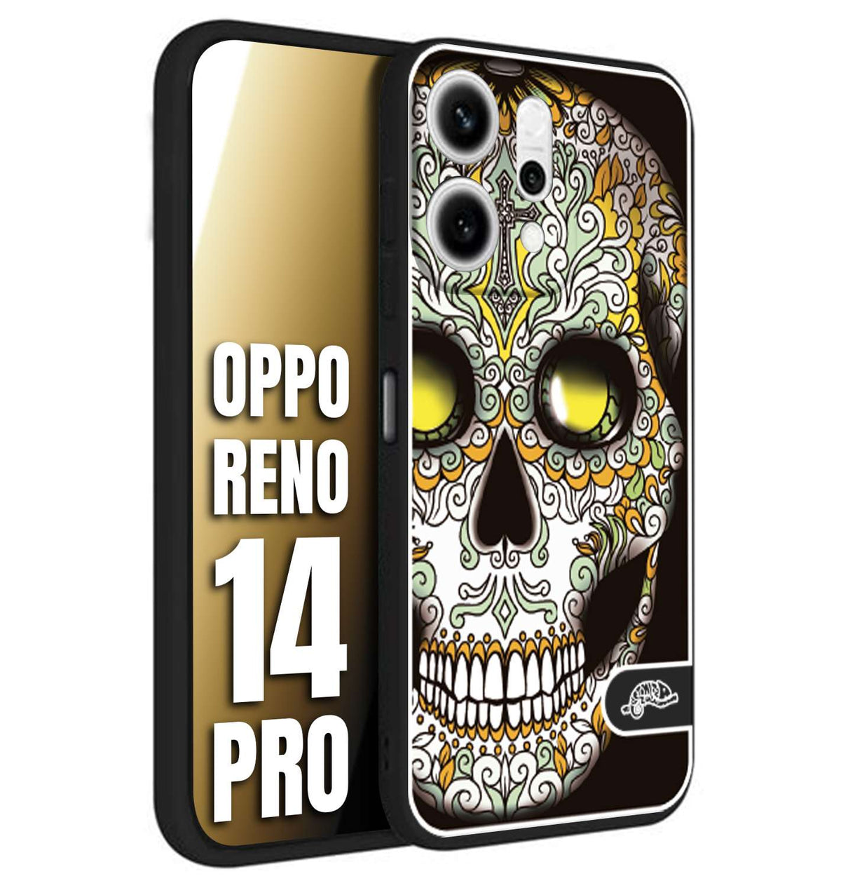 CUSTOMIZZA - Custodia cover nera morbida in tpu compatibile per Oppo Reno 14 PRO teschio messicano Mexican skull bianco verde giallo