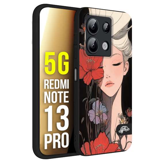 CUSTOMIZZA - Custodia cover nera morbida in tpu compatibile per Xiaomi Redmi Note 13 PRO 5G woman flower Fantasia Floreale Design Donna e Fiori, Retro Artistico