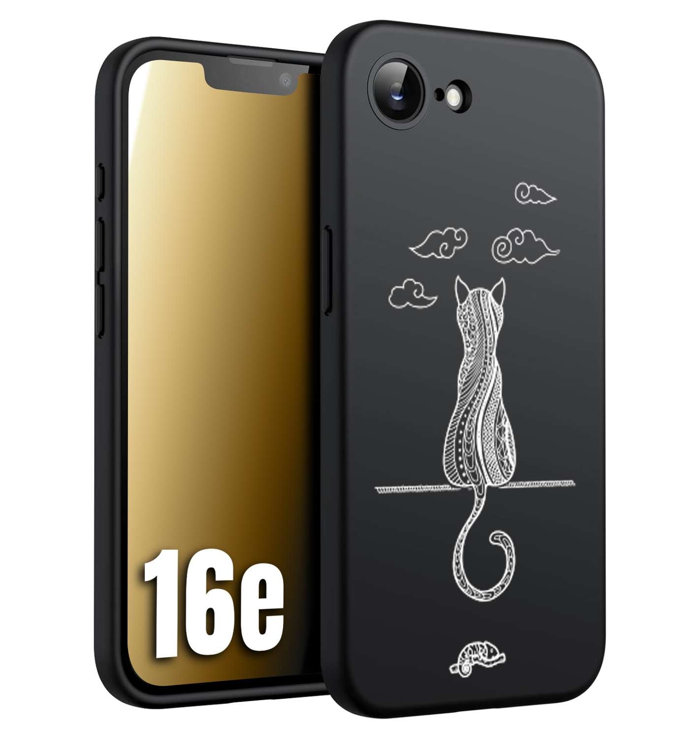 CUSTOMIZZA - Custodia cover nera morbida in tpu compatibile per iPhone 16E gatto mandala stilizzato gattino a rilievo soft touch donna bianca