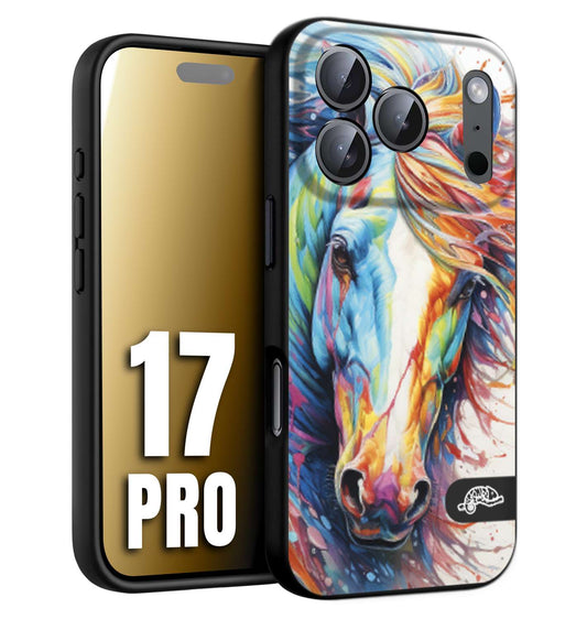 CUSTOMIZZA - Custodia cover nera morbida in tpu compatibile per iPhone 17 PRO animali color cavallo horse viso colori vibranti disegnato schizzo