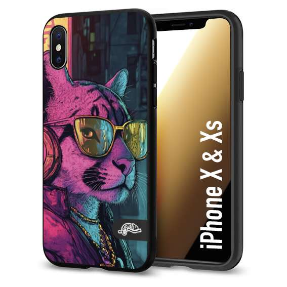 CUSTOMIZZA - Custodia cover nera morbida in tpu compatibile per iPhone X - Xs animali cyberpunk pantera street cat fucsia blu giallo