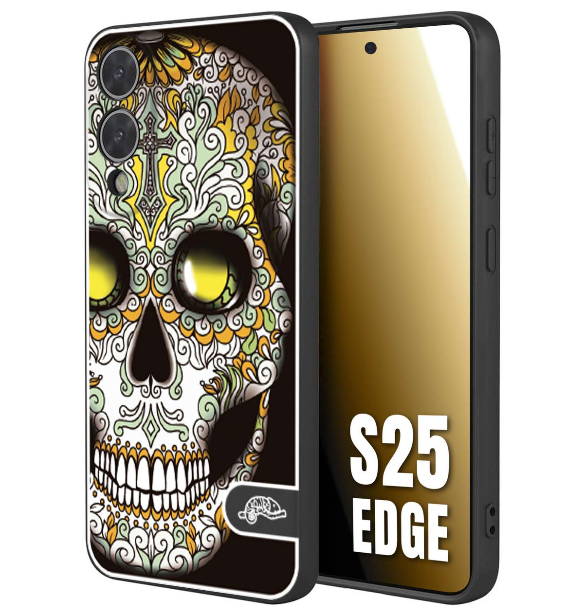 CUSTOMIZZA - Custodia cover nera morbida in tpu compatibile per Samsung S25 EDGE teschio messicano Mexican skull bianco verde giallo
