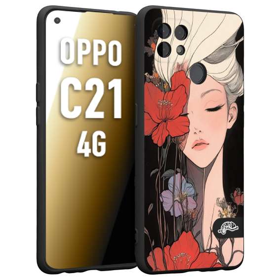 CUSTOMIZZA - Custodia cover nera morbida in tpu compatibile per Realme C21 4G woman flower Fantasia Floreale Design Donna e Fiori, Retro Artistico