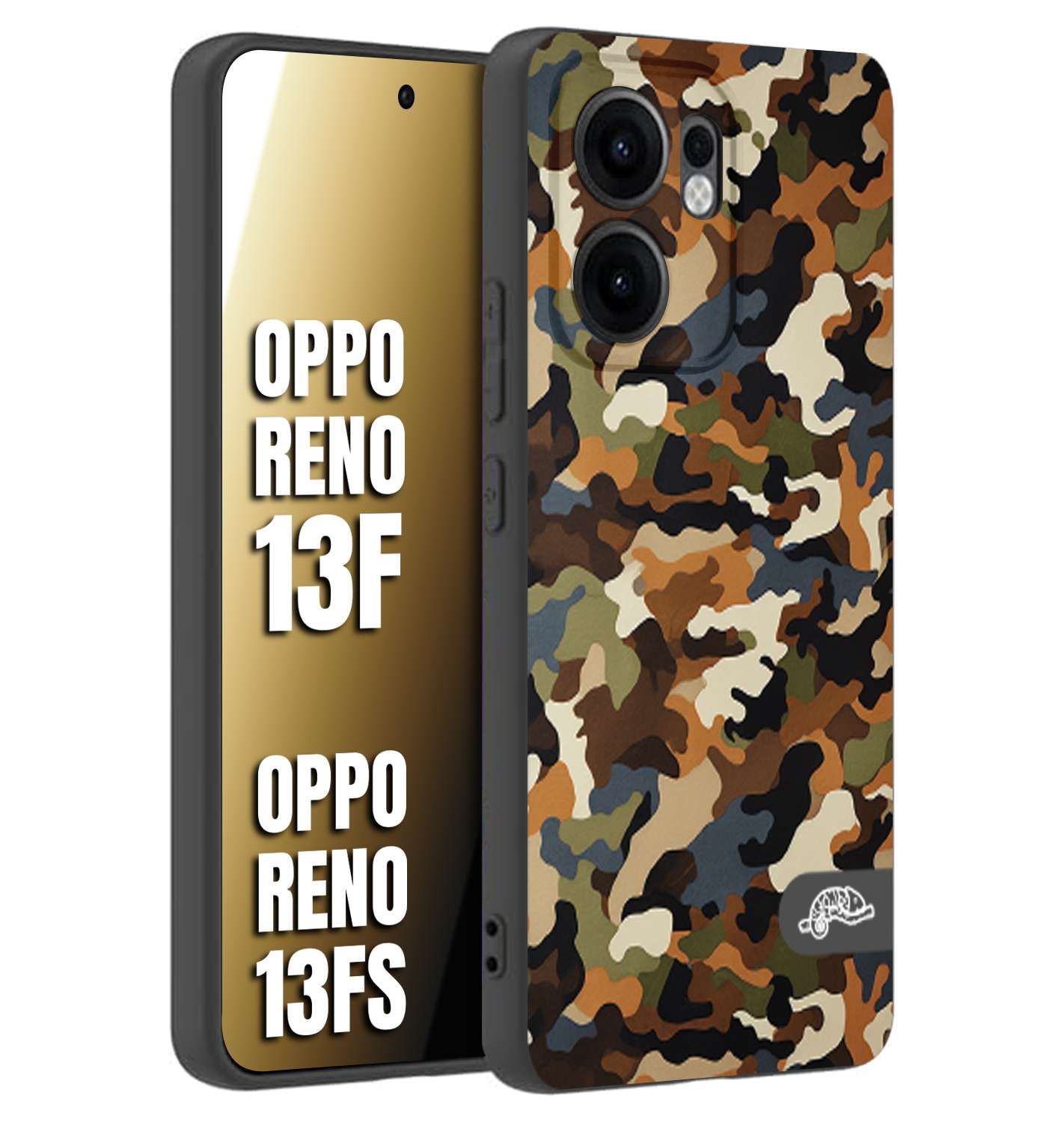 CUSTOMIZZA - Custodia cover nera morbida in tpu compatibile per Oppo Reno 13 F camouflage mimetico militare moderno blu marrone beige