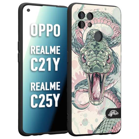 CUSTOMIZZA - Custodia cover nera morbida in tpu compatibile per Realme C21Y - C25Y snake pink green serpente tatuaggio tattoo disegnato a mano