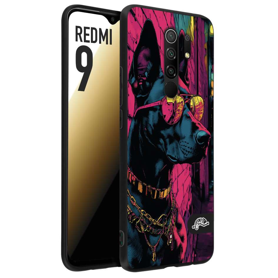 CUSTOMIZZA - Custodia cover nera morbida in tpu compatibile per Xiaomi Redmi 9 animali cyberpunk dobermann cane street dog fucsia blu