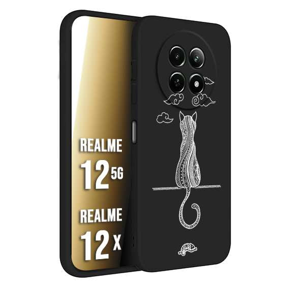 CUSTOMIZZA - Custodia cover nera morbida in tpu compatibile per Realme 12 5G - 12X gatto mandala stilizzato gattino a rilievo soft touch donna bianca