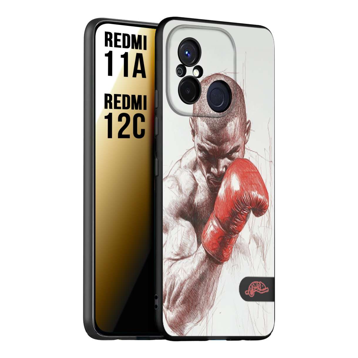 CUSTOMIZZA - Custodia cover nera morbida in tpu compatibile per Xiaomi Redmi 11A - 12C pugilato pugili disegno tattoo guantoni box sport primo piano