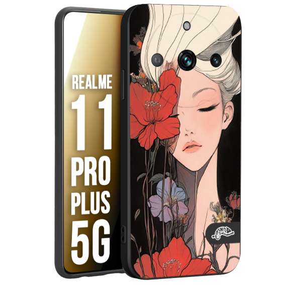 CUSTOMIZZA - Custodia cover nera morbida in tpu compatibile per Realme 11 PRO PLUS 5G woman flower Fantasia Floreale Design Donna e Fiori, Retro Artistico