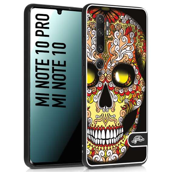 CUSTOMIZZA - Custodia cover nera morbida in tpu compatibile per Xiaomi Mi Note 10 - Mi Note 10 Pro teschio messicano Mexican skull giallo rosso arancio