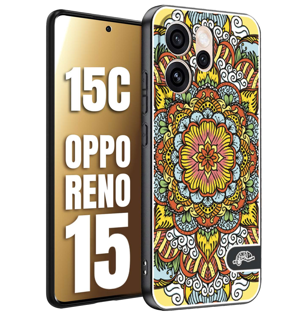 CUSTOMIZZA - Custodia cover nera morbida in tpu compatibile per Oppo Reno 15 - Reno 15Cmandala colorato fiore nuvole arancione