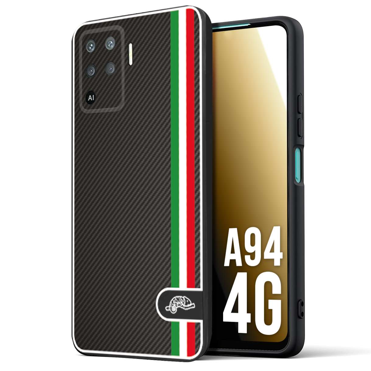 CUSTOMIZZA - Custodia cover nera morbida in tpu compatibile per Oppo A94 4G effetto fibra di carbonio bandiera Italia made in Italy
