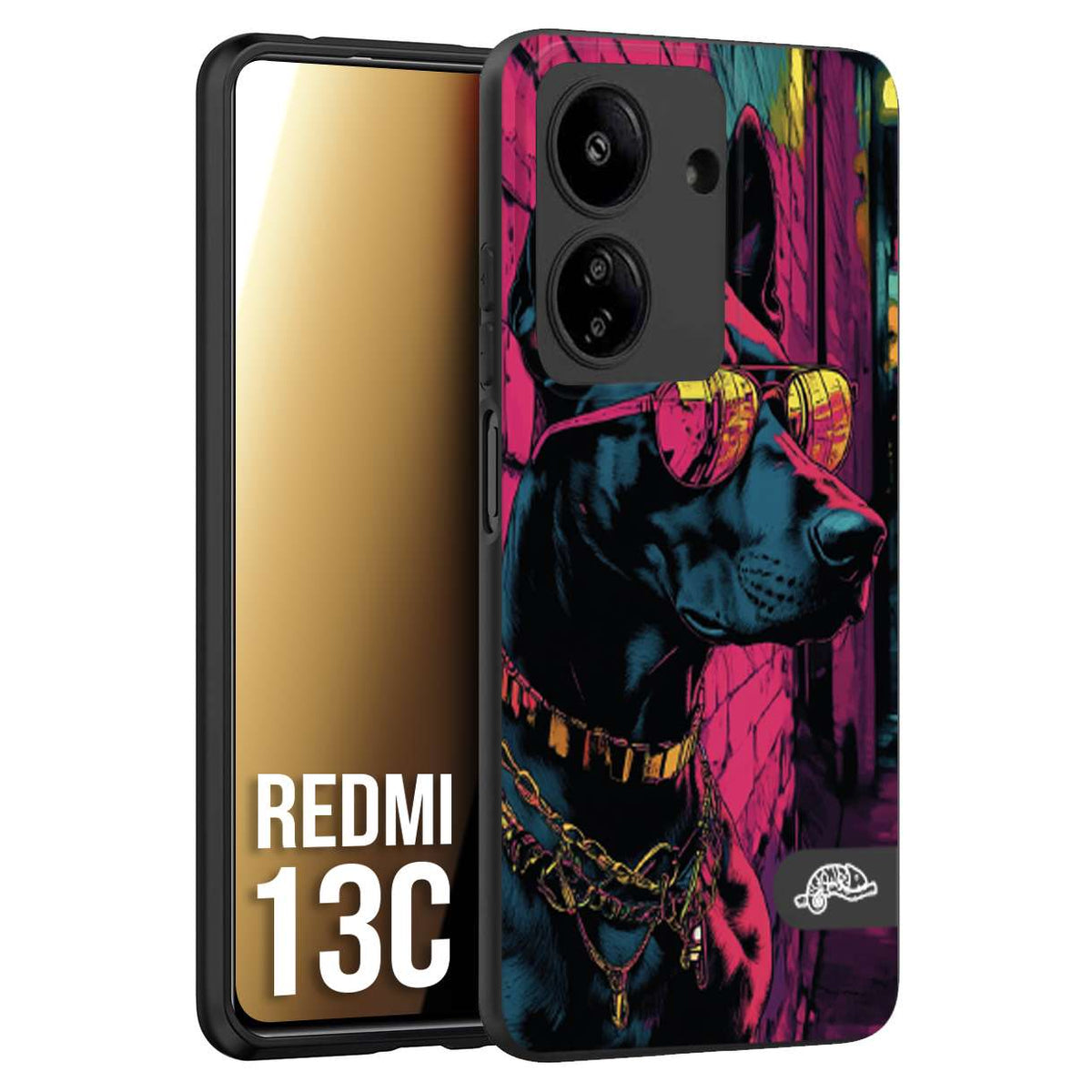 CUSTOMIZZA - Custodia cover nera morbida in tpu compatibile per Xiaomi Redmi 13C animali cyberpunk dobermann cane street dog fucsia blu